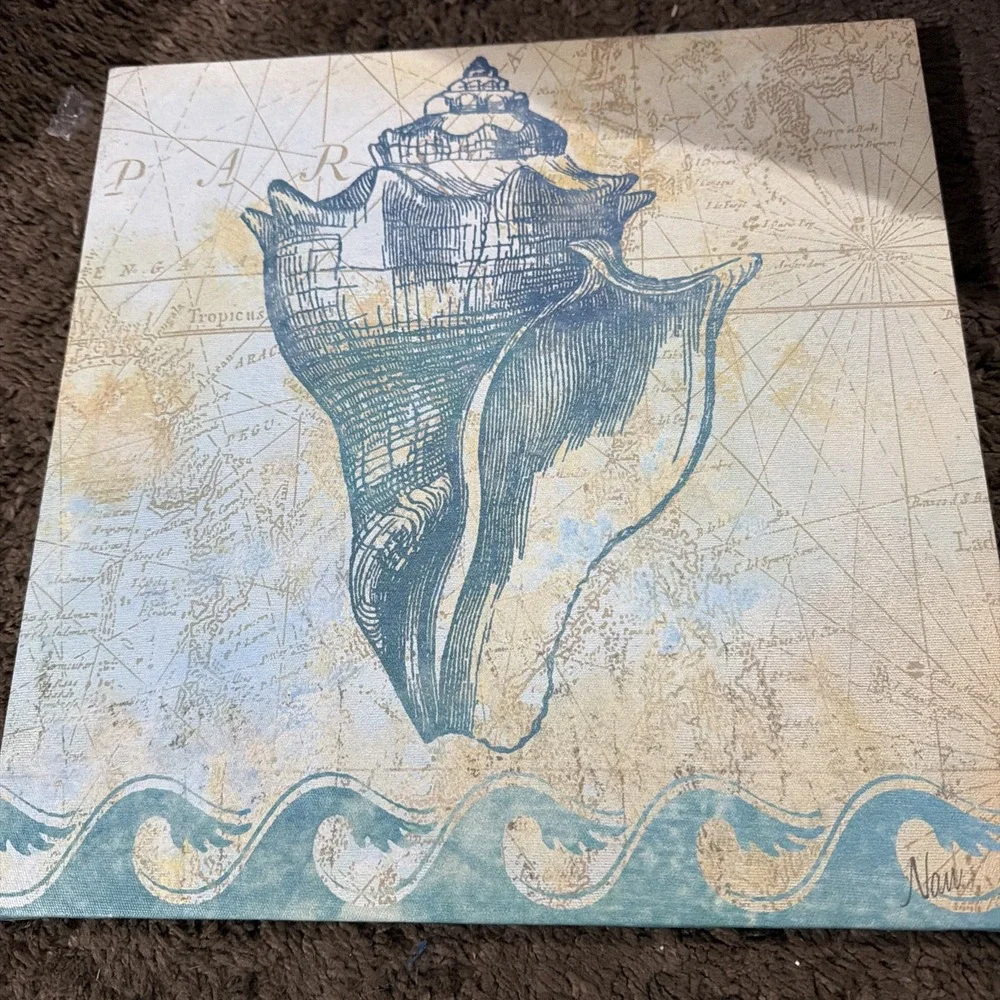 3pc Nautical Wall Art Set Seashell Canvas Prints & Framed Coastal Decor Blue Tan